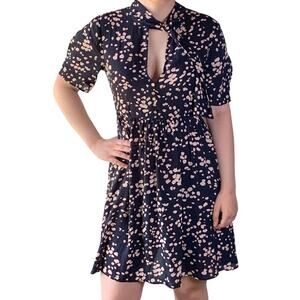 Madewell Tie V Neck Open Shoulder Button Front Navy Blue Fit & Flare Mini Dress